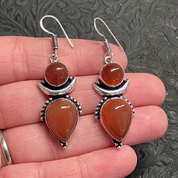 Carnelian Witchy Crescent Moon Lunar Earrings - Picture 1 of 4